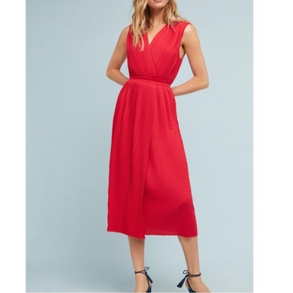 Tracy Reese Anthropologie Pleated Red Midi Dress